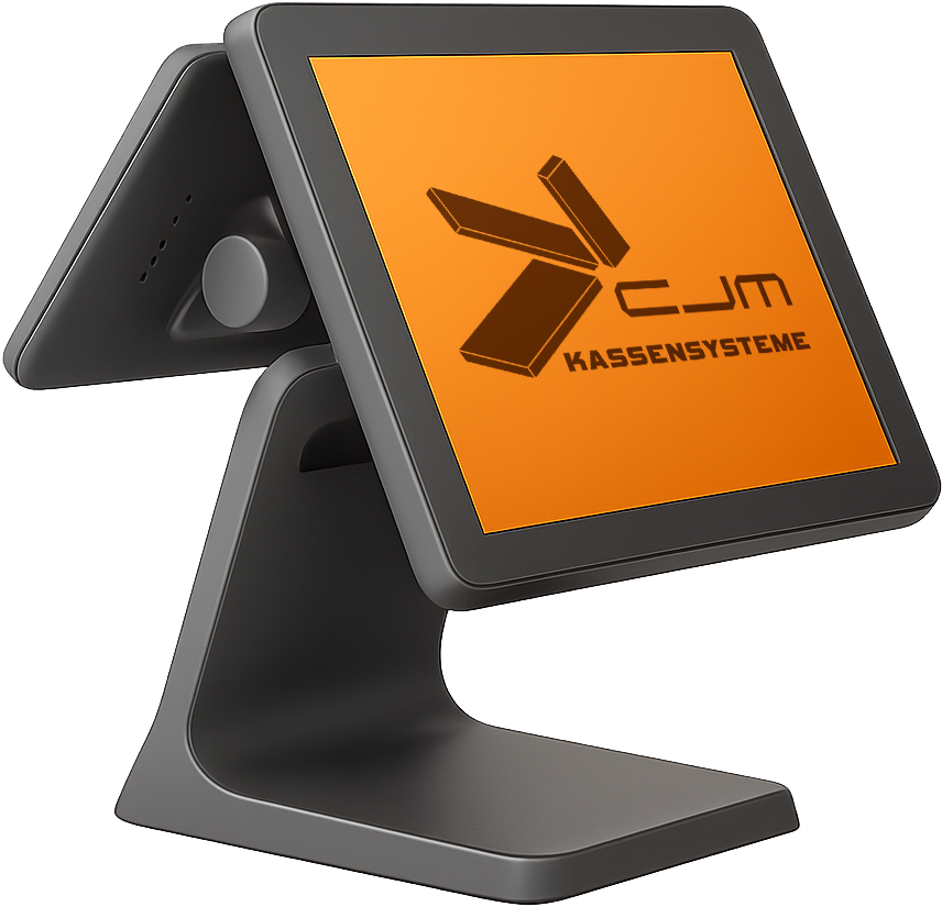 Graue, fotorealistische Registrierkasse mit zwei Bildschirmen auf einem eleganten, gebogenen Standfuß. Auf dem Bildschirm ist das CJM Kassensysteme Logo angebracht.