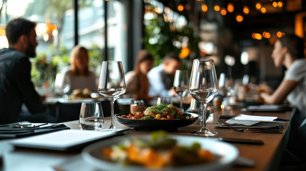 Leere Weingläser und ein Gourmetgericht stehen auf einem Restauranttisch und schaffen eine elegante, einladende Atmosphäre, während im Hintergrund Menschen ihr Essen und ihre Gespräche genießen.