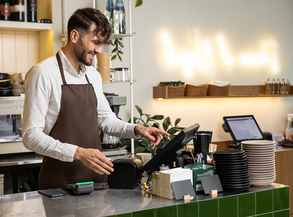 Ein Kassierer trägt seine Arbeitszeit im Naramis System ein.